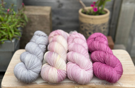 Four colour Brimham Bio Fingering weight yarn pack - Silver and Pinks