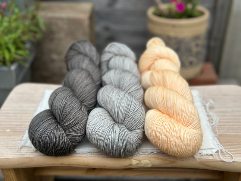 Three colour Brimham Bio 3ply weight yarn pack - Grey and Apricot