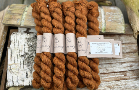 A pile of mini skeins of brown yarn