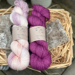 Two skeins of yarn - one variegated cream, pale purple and orange, one purple