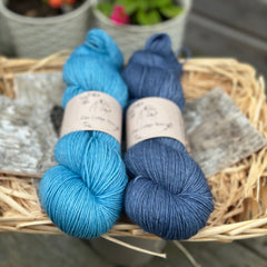 Two skeins of yarn in shades of blue