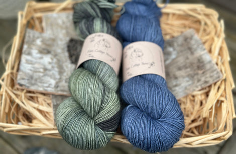 Two skeins of yarn - one variegated green skein and one dark blue skein