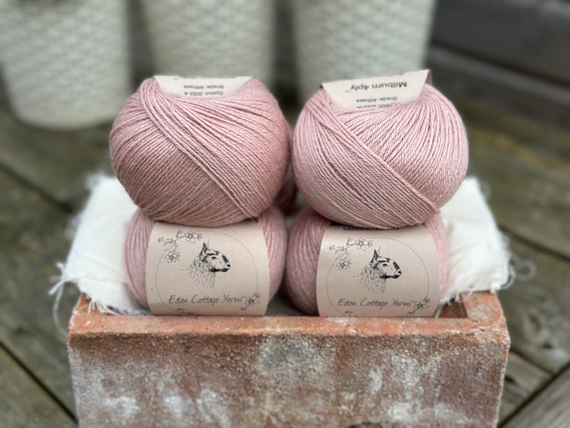 Balls of pale pink yarn