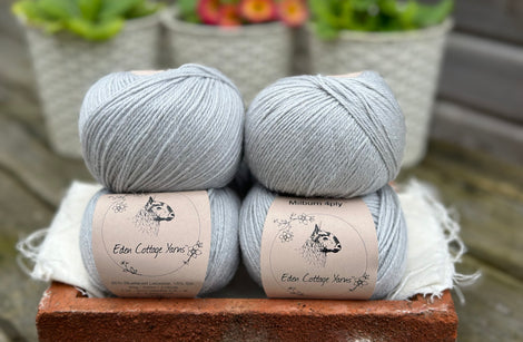 Balls of pale blue yarn