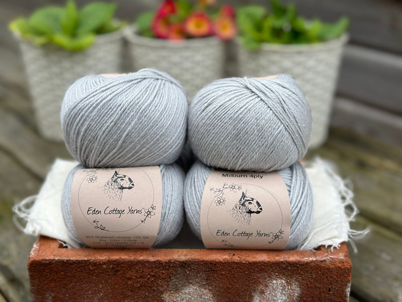 Balls of pale blue yarn