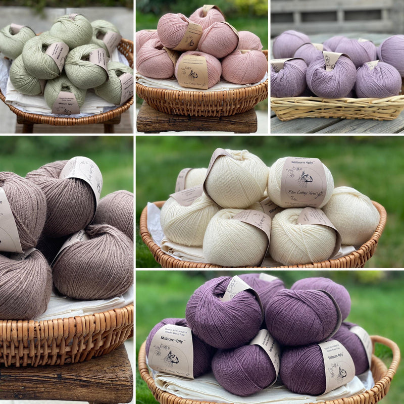 Collage of six yarn images. The top row features balls of green yarn, balls of pink yarn and balls of pale purple yarn. An image of brown balls of yarn is on the left hand side of the lower part of the image. Next to this is an image of cream balls of yarn and an image of dark purple balls of yarn.