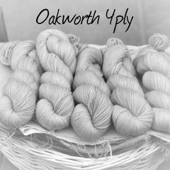 Black and white image of skeins of yarn with "Oakworth 4ply" overlaid in black text