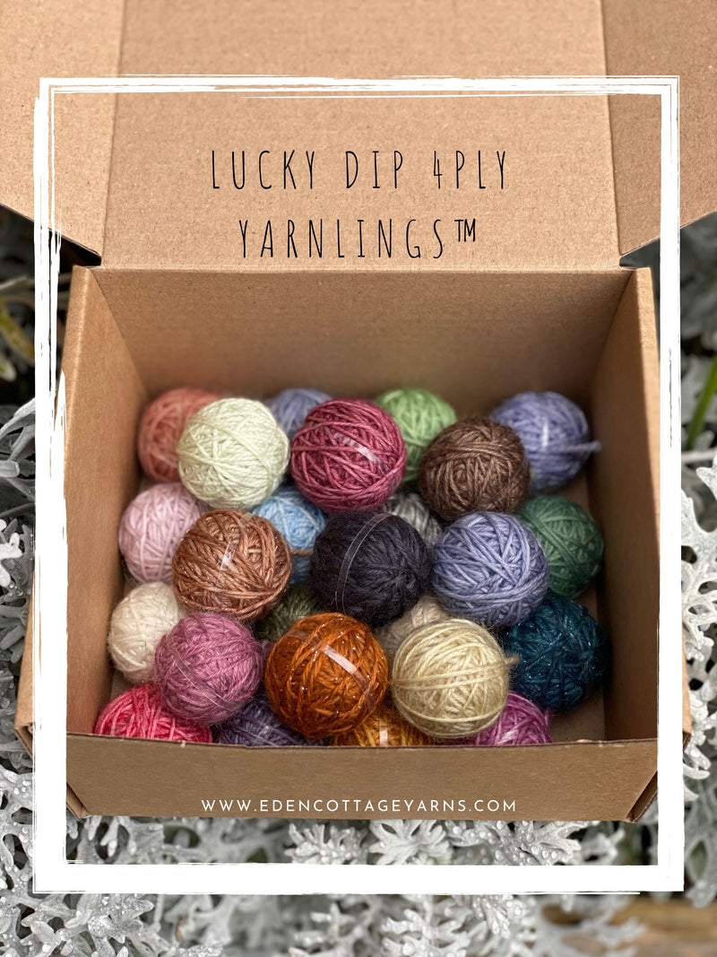 Box of 24 Yarnlings. "Lucky Dip 4ply Yarnlings" is shown in text at the top of the image.