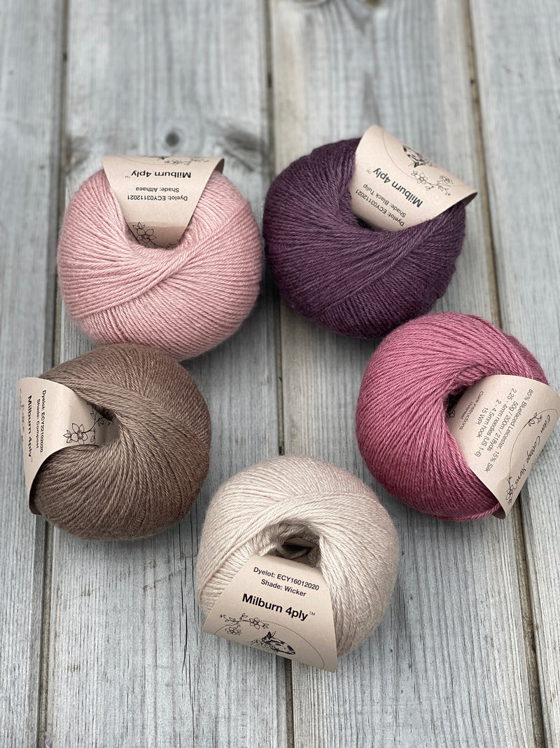 Five balls of Milburn arranged in a circle. Clockwise from top left: a pink ball, a purple ball, a dark pink ball, a beige ball and a brown ball