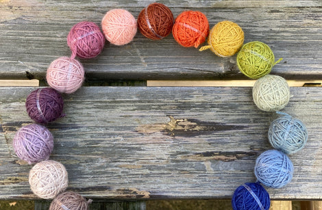 19 small balls of yarn arranged in a circle