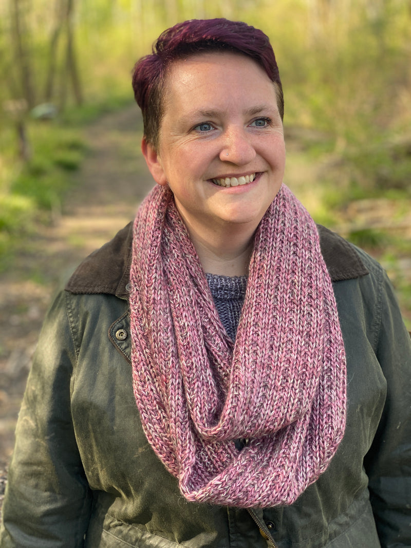 Victoria wearing the Swainby Cowl and a green wax jacket.