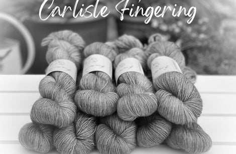 A black and white image of nine skeins of yarn. Carlisle Fingering is written across the top of the image in white text