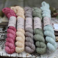 Five mini skeins of yarn. From left to right: a purpley red skein, a golden yellow skein, a brown skein, a green skein and a pale blue skein