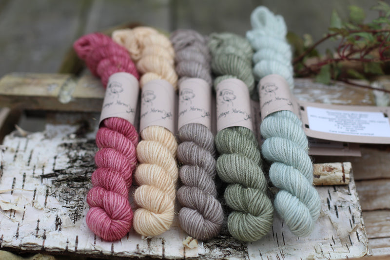 Five mini skeins of yarn. From left to right: a purpley red skein, a golden yellow skein, a brown skein, a green skein and a pale blue skein