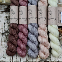 Five mini skeins of yarn. From left to right: a brown skein, a purple skein, a grey blue skein, a beige skein and a pale green skein