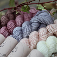 Five mini skeins of yarn. From left to right:  a brown skein, a purple skein, a grey blue skein, a beige skein and a pale green skein