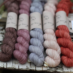 Five mini skeins of yarn. From left to right: a brown skein, a purple skein, a pale blue skein, a beige skein and a red skein