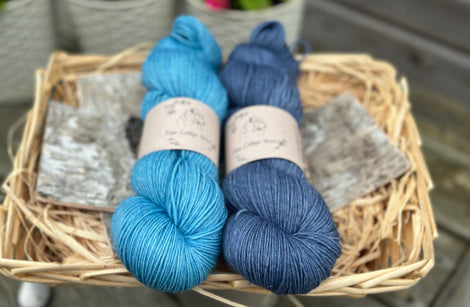 Two skeins of yarn in shades of blue