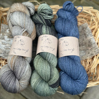 Three skeins of yarn. From left to right - a variegated grey and brown skein, a variegated green skein and a dark blue skein