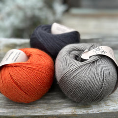 Three balls of yarn - one black, one orange and one grey