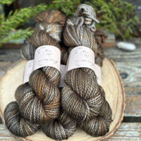 Five skeins of variegated brown and grey yarn
