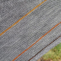 Close up detail of a grey shawl with thin stripes of contrasting colours