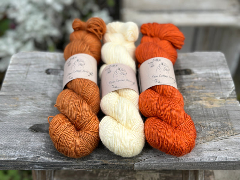 Three skeins of yarn. From left to right: an orangey brown skein, a creamy yellow skein and a dark orange skein