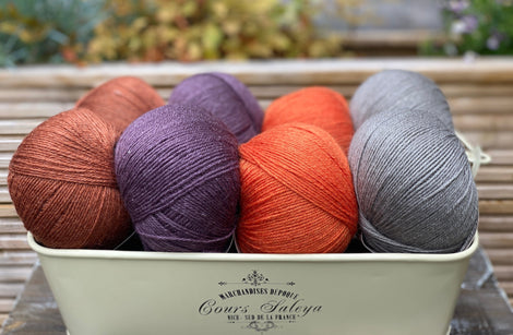 Eight balls of yarn in four pairs. From left to right the colourways are red-brown, purple, orange and grey