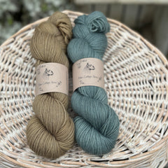Two skeins of yarn - one brown and one blue/green