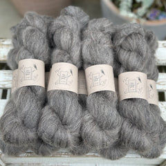 9 skeins of fluffy dark grey yarn