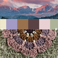 A collage showing an image of a mountain landscape at the top. Colours picked out from the image are shown in six blocks across the middle. The bottom segment of the image is a crochet granny square using the colours above.