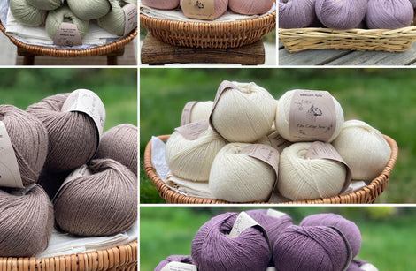 A collage of six pictures of Milburn yarn, the collage includes light green yarn, pink yarn, pale purple yarn, brown yarn, cream yarn and purple yarn