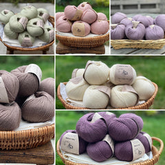 Collage of six yarn images. The top row features balls of green yarn, balls of pink yarn and balls of pale purple yarn. An image of brown balls of yarn is on the left hand side of the lower part of the image. Next to this is an image of cream balls of yarn and an image of dark purple balls of yarn. 