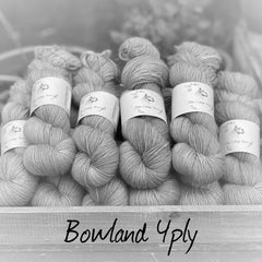 Black and white image of skeins of yarn with "Bowland 4ply" overlaid in black text