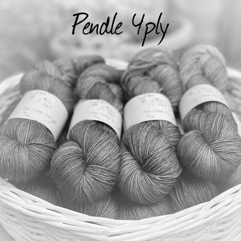 Black and white image of skeins of yarn with "Pendle 4ply" overlaid in black text