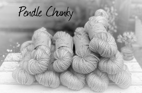 Black and white image of skeins of yarn with "Pendle Chunky" overlaid in black text