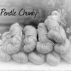 Black and white image of skeins of yarn with "Pendle Chunky" overlaid in black text