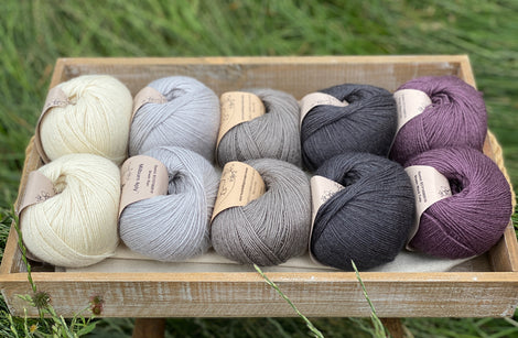 10 balls of yarn are sat in a wooden tray surrounded by grass. There are two balls of each colour. The colours from left to right are Natural, Rain, Steel, Charcoal and Black Tulip. The yarns create a fade effect from natural cream, through shades of grey ending with an accent of dusky purple.