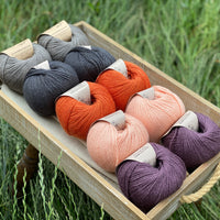 10 balls of yarn are sat in a wooden tray surrounded by grass. There are two balls of each colour. The colours from top left to bottom right are Steel, Charcoal, Crocosmia, Tea Rose and Black Tulip. The yarns create a palette of greys with orange, peach and dusky purple.