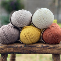 10 balls of yarn in five colours, a palette of browns 