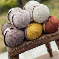 10 balls of yarn in five colours, a palette of browns