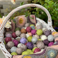 A basket of small balls of yarn in various colour