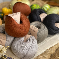 Eight balls of yarn in four colours. The colours are pale grey, mid grey and dark grey with a contrast of reddish brown