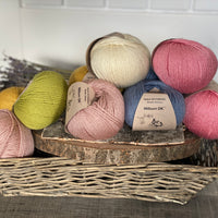 Yarns for the Floral Mandala Shawl. Milburn DK in shades of pink, cream, blue, green and yellow