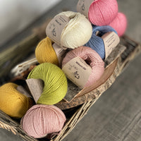 Yarns for the Floral Mandala Shawl. Milburn DK in shades of pink, cream, blue, green and yellow