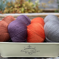 Eight balls of yarn in four pairs. From left to right the colourways are red-brown, purple, orange and grey