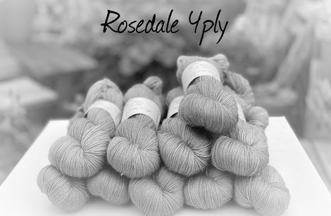 Black and white image of skeins of yarn with "Rosedale 4ply" overlaid in black text